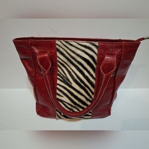 INNUE Italian Leather Handbag Red Gloss Leather with Zebra Accent